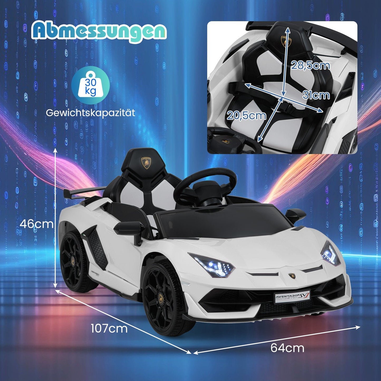 LIVSK Lamborghini Kinderauto met Afstandsbediening - Hydraulische Deuren - LED-koplampen - Multimediaspeler - Tot 30 kg - Wit