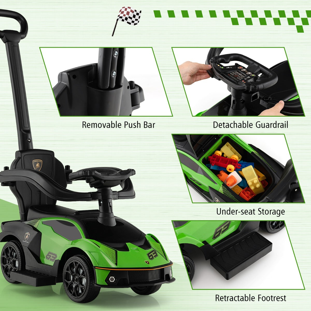 LIVSK 3-in-1 Duwauto voor Kinderen - Loopwagen, Auto, Buggy - Duurzaam PP en Metaal - Tot 25 kg - Groen