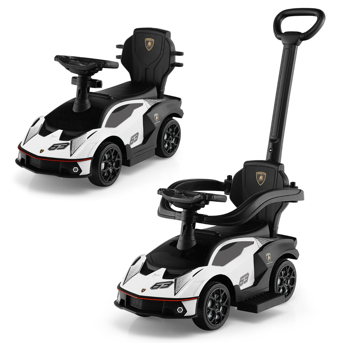 LIVSK 3-in-1 Duwauto - Loopauto, Kinderwagen en Buggy - Veiligheidsrelingen - Interactief Stuurwiel - Tot 25 kg - Wit
