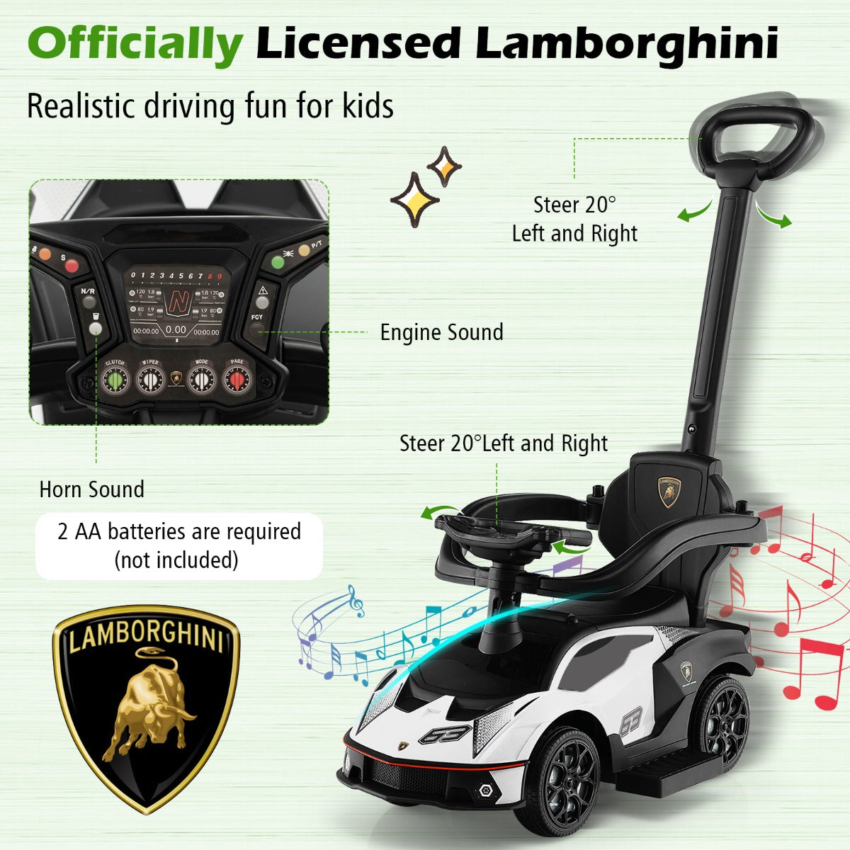 LIVSK 3-in-1 Duwauto - Loopauto, Kinderwagen en Buggy - Veiligheidsrelingen - Interactief Stuurwiel - Tot 25 kg - Wit