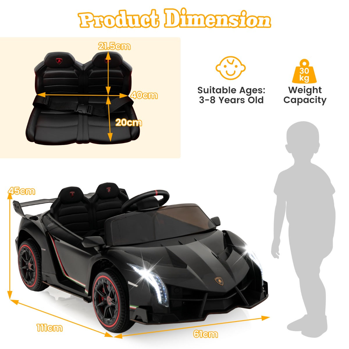 LIVSK Elektrische Lamborghini Kinderauto - 12V met Afstandsbediening - Dubbele Hydraulische Deuren - 4 Motoren - Zwart