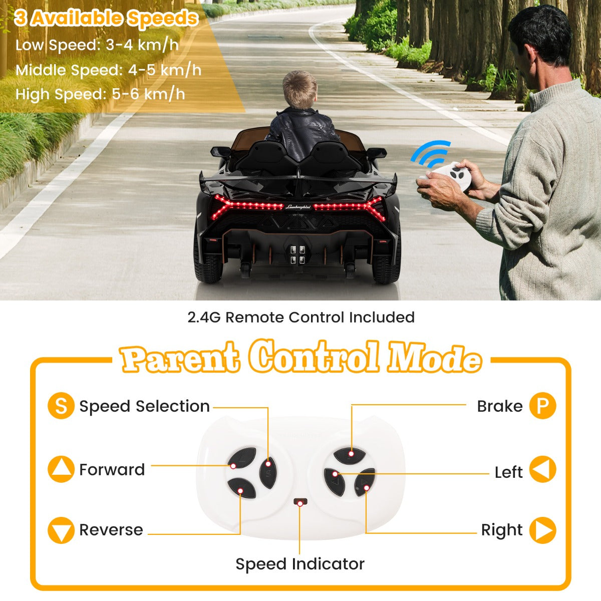 LIVSK Elektrische Lamborghini Kinderauto - 12V met Afstandsbediening - Dubbele Hydraulische Deuren - 4 Motoren - Zwart