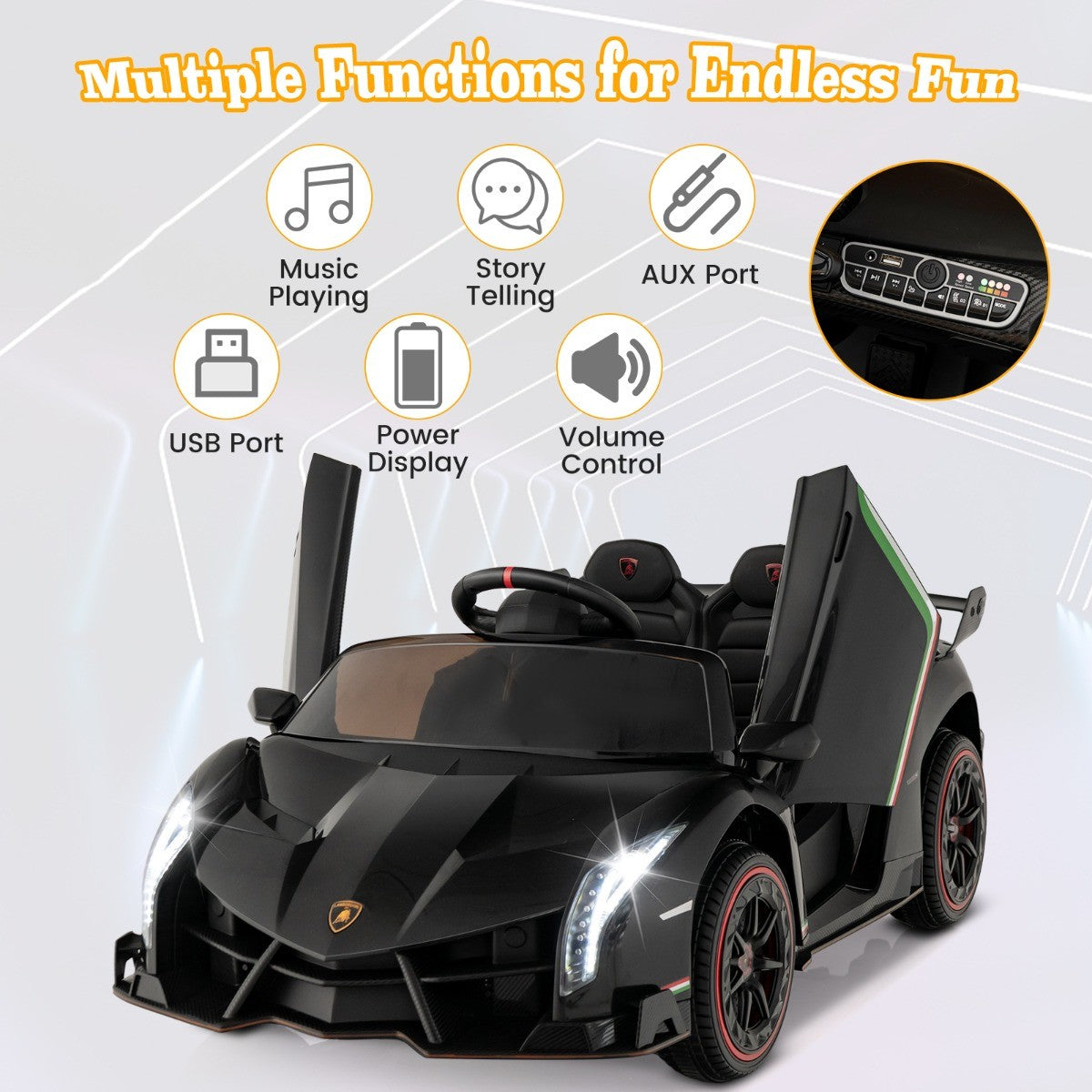 LIVSK Elektrische Lamborghini Kinderauto - 12V met Afstandsbediening - Dubbele Hydraulische Deuren - 4 Motoren - Zwart
