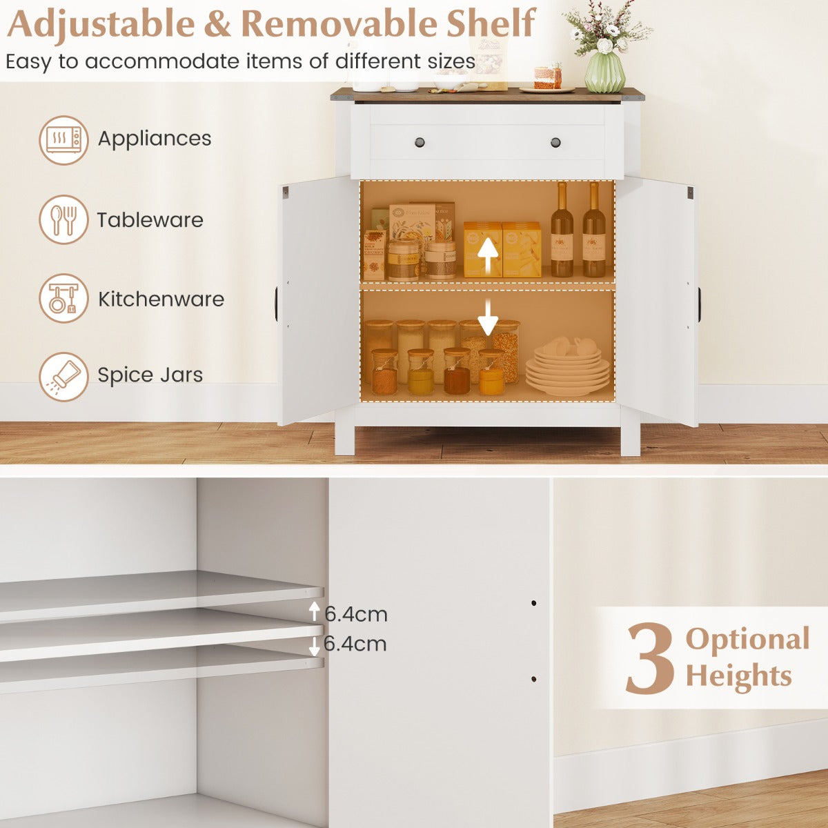 Livsk costway landhuis dressoir buffetkast keukenkast met deuren voorraadkast met lade en verstelbare plank wit 2