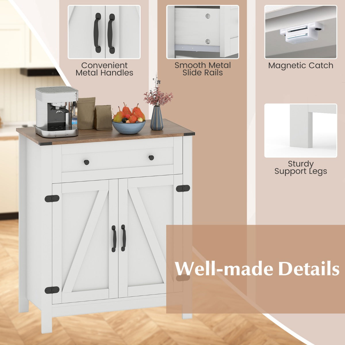 Livsk costway landhuis dressoir buffetkast keukenkast met deuren voorraadkast met lade en verstelbare plank wit 3