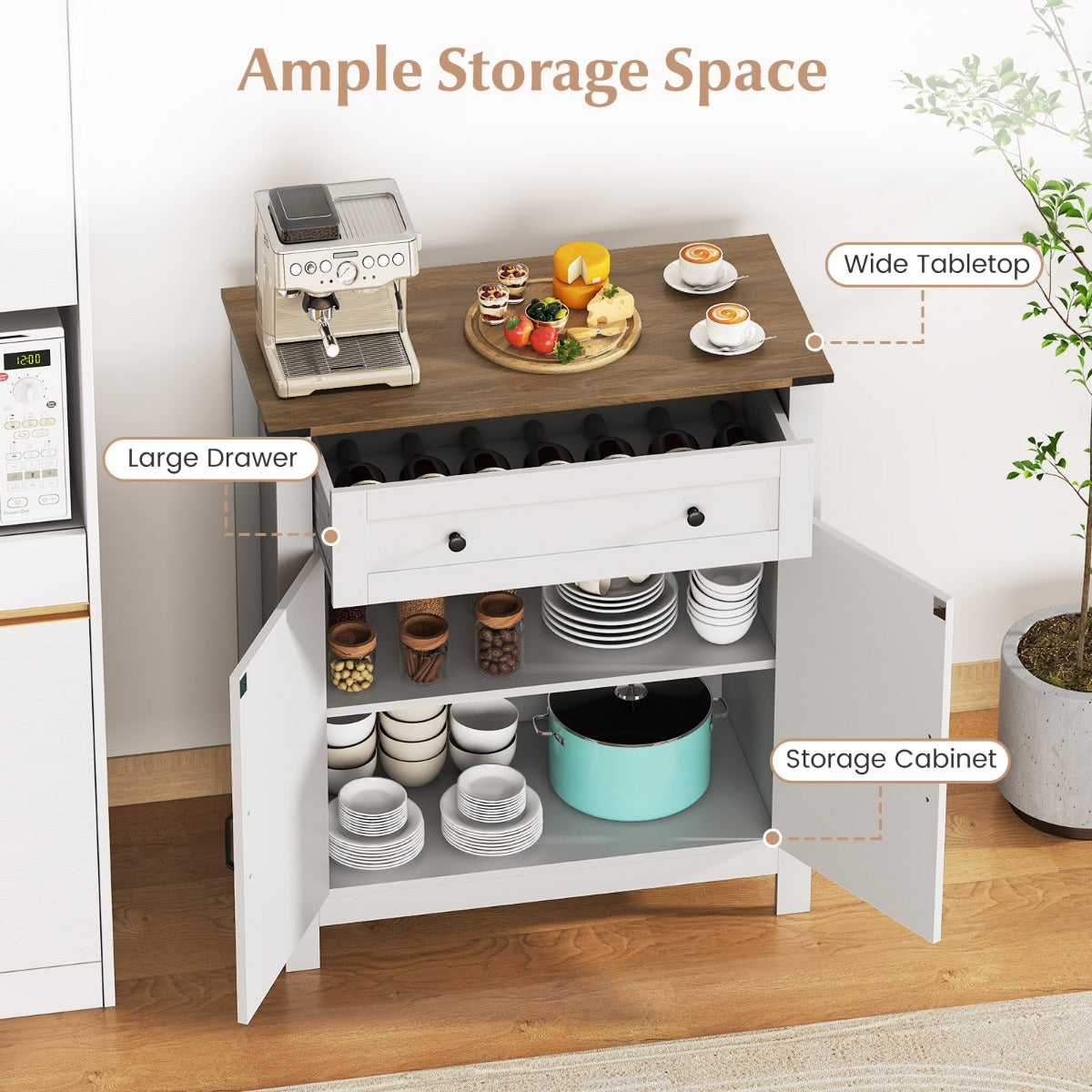 Livsk costway landhuis dressoir buffetkast keukenkast met deuren voorraadkast met lade en verstelbare plank wit 6