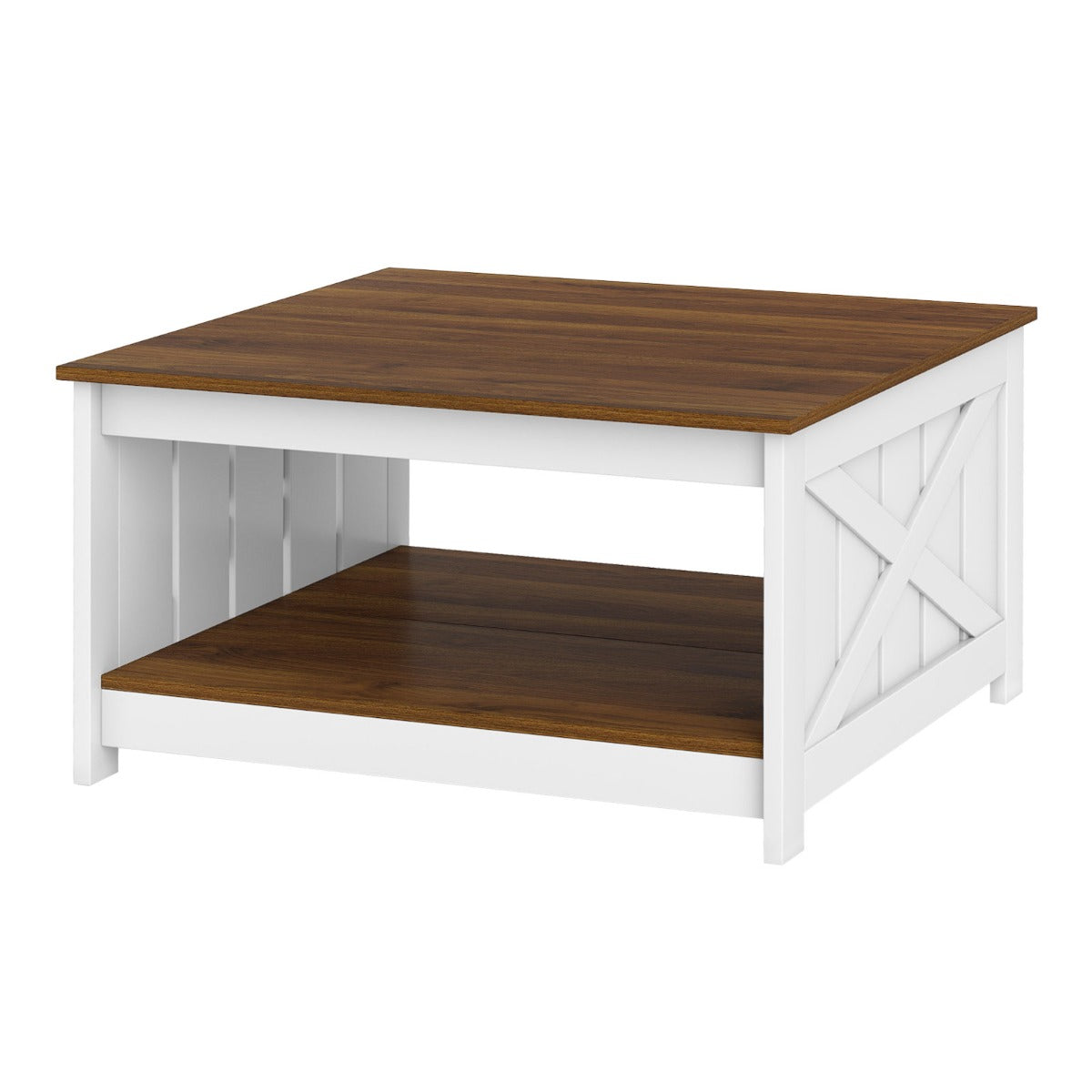LIVSK Landelijke Salontafel met 2 - laags Opbergruimte - Robuuste Constructie - Eenvoudig Onderhoud - Vintage Stijl - Wit & Bruin