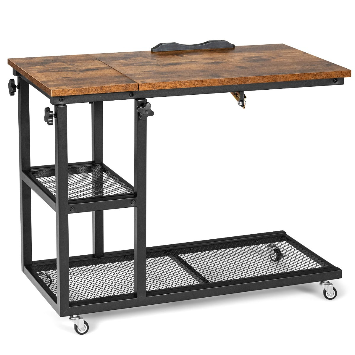 LIVSK Verstelbare Bijzettafel - C-vormig met Neigbaar Tafelblad - Hoogte 63,5-95 cm - 360° Draaibare Wielen - Bruin