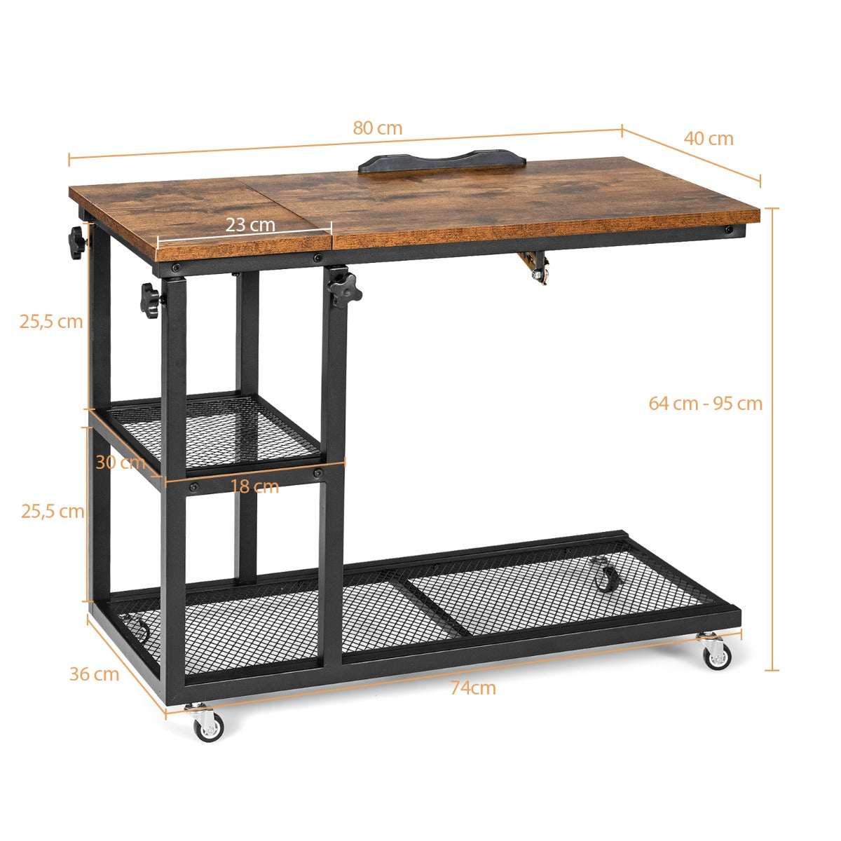 LIVSK Verstelbare Bijzettafel - C-vormig met Neigbaar Tafelblad - Hoogte 63,5-95 cm - 360° Draaibare Wielen - Bruin