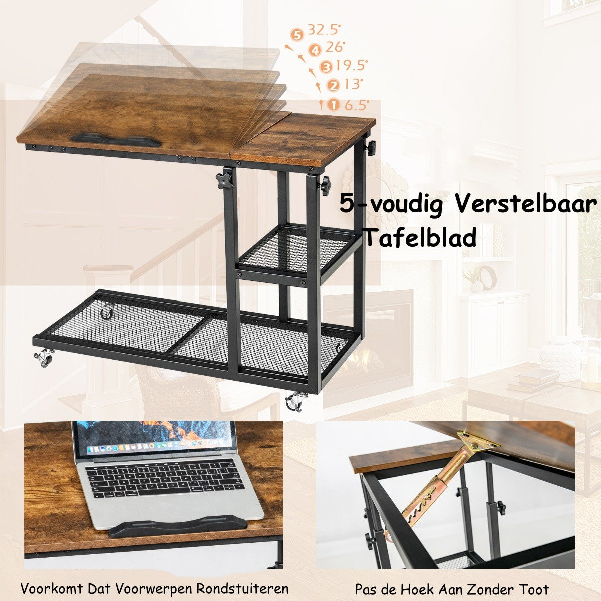 LIVSK Verstelbare Bijzettafel - C-vormig met Neigbaar Tafelblad - Hoogte 63,5-95 cm - 360° Draaibare Wielen - Bruin