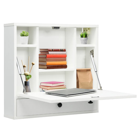 LIVSK Multifunctioneel Wandbureau - Inklapbaar en Ruimtebesparend - 6 Opbergvakken - Duurzaam MDF - Wit