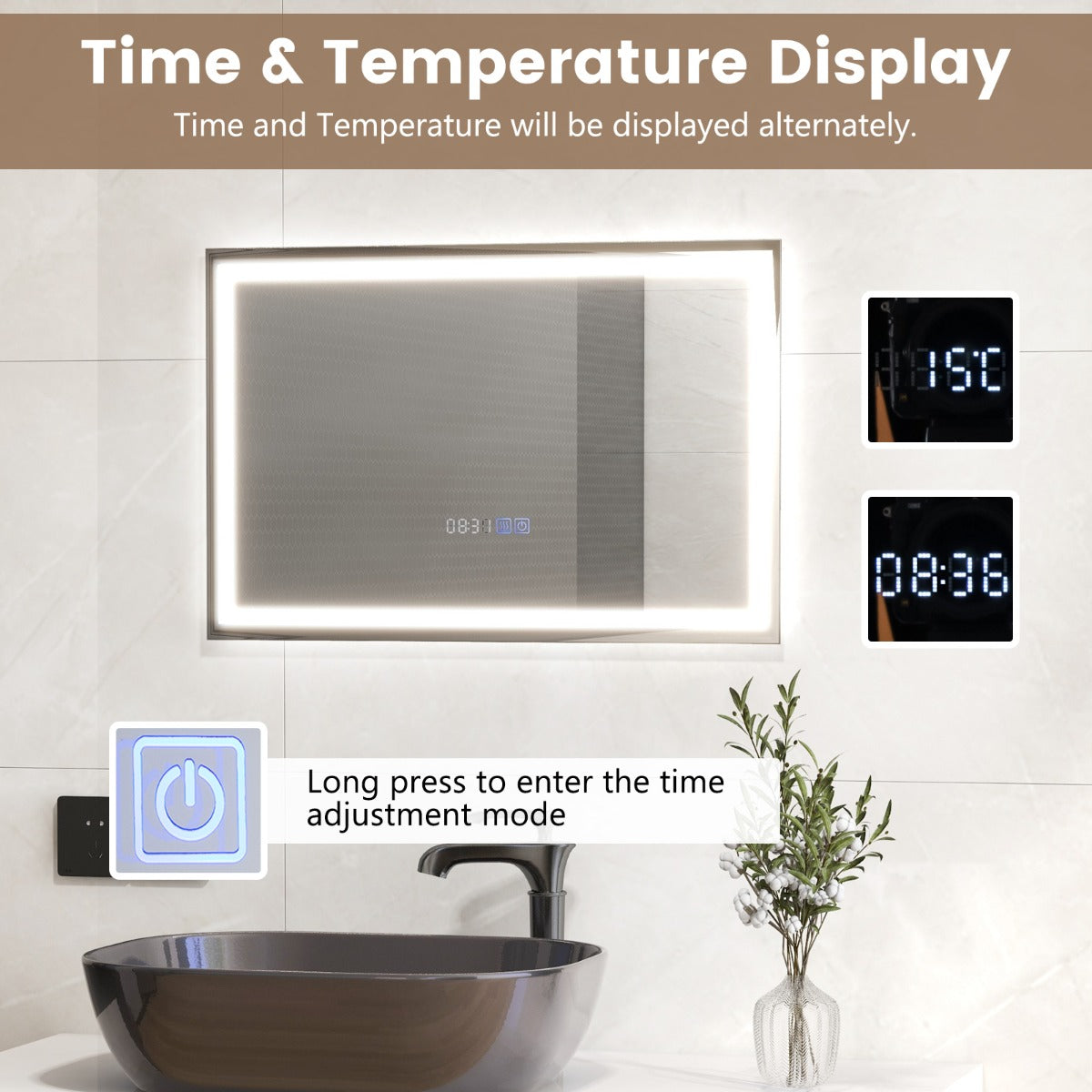 LIVSK LED Wandspiegel - Dimbare Verlichting in 3 Kleurmodi - Anticondens - Tijd- en Temperatuurweergave - 60 x 40 cm - Zilver