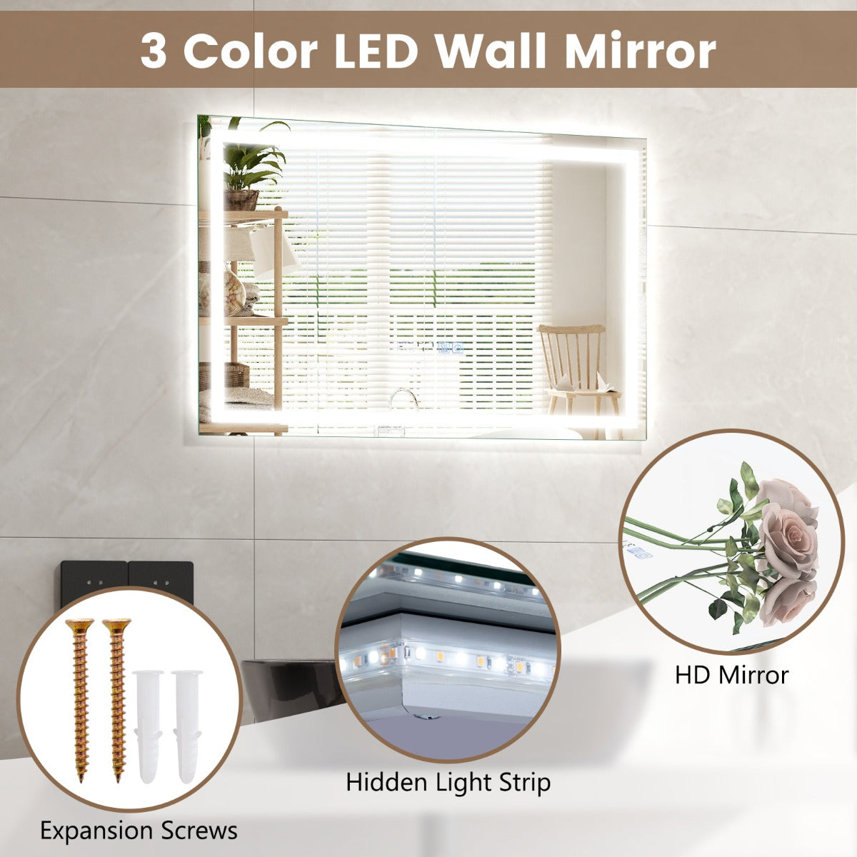 LIVSK LED Wandspiegel - Dimbare Verlichting in 3 Kleurmodi - Anticondens - Tijd- en Temperatuurweergave - 60 x 40 cm - Zilver