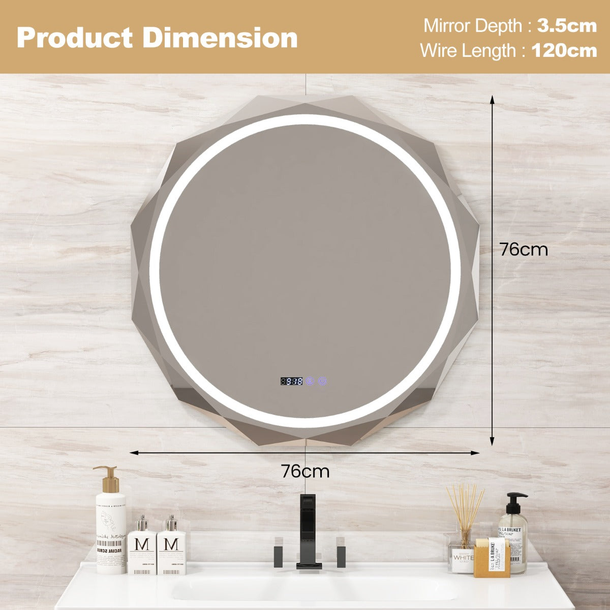 LIVSK Led-Wandspiegel - Anti-Condens - 3 Lichtkleuren - Geheugenfunctie - Onbreekbaar - Touchscreen - 76 x 76 x 3,5 cm - Zilver