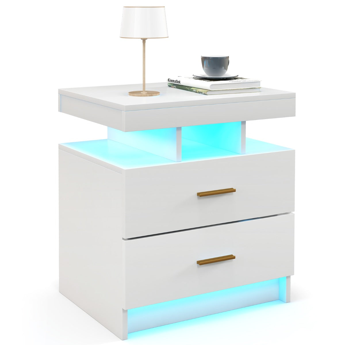 LIVSK LED-nachtkastje - Hoogglans met 2 lades - Instelbare verlichting met afstandsbediening - 50 x 40 x 58 cm - Wit