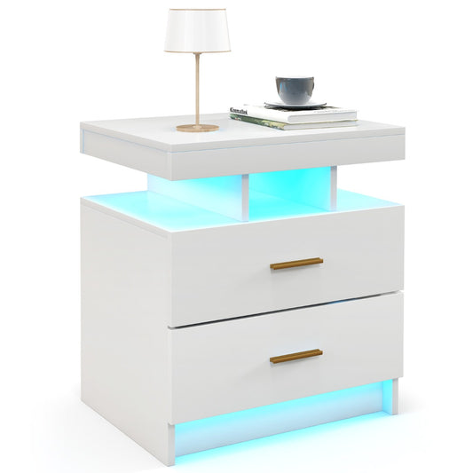 LIVSK LED-nachtkastje - Hoogglans met 2 lades - Instelbare verlichting met afstandsbediening - 50 x 40 x 58 cm - Wit