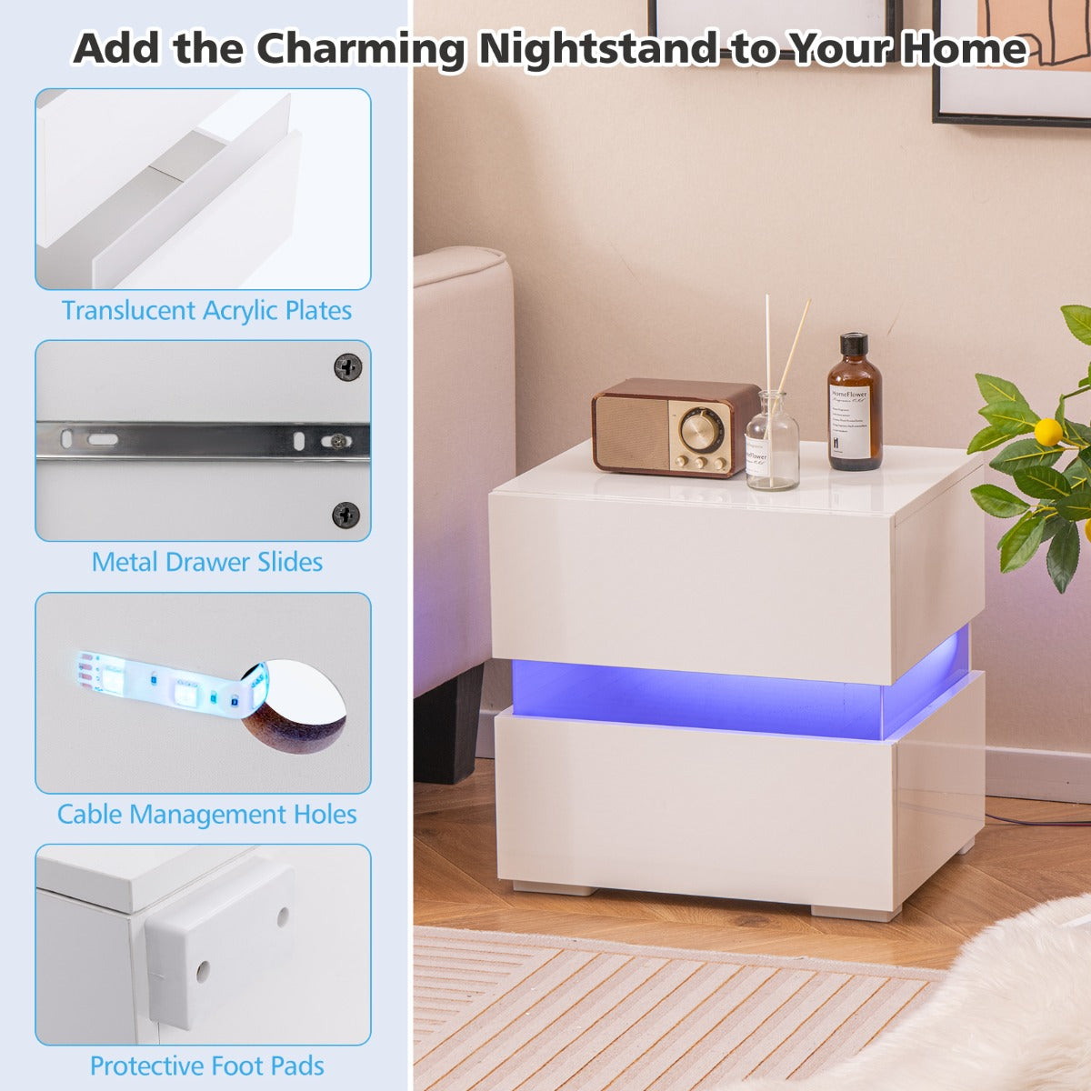 LIVSK LED-Nachtkastje met 2 Lades - Draadloze Afstandsbediening - 22 Dynamische Modi - Kabelmanagement - Modern Design - Wit