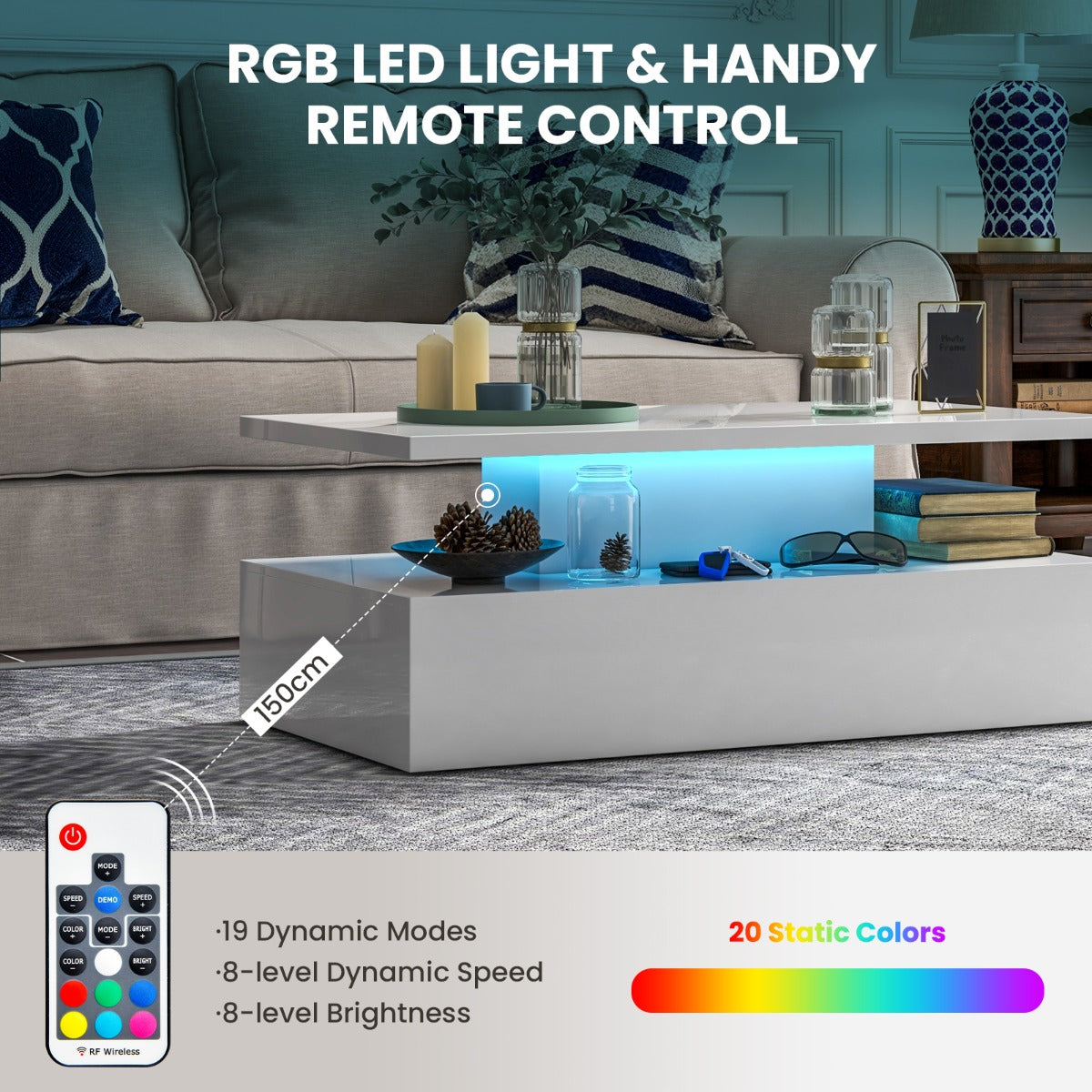 LIVSK LED-salontafel - Verstelbare Lichtkleuren - Afstandsbediening - Hoogglans Wit - 110 x 60 x 40 cm - Wit