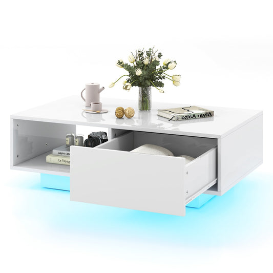 LIVSK LED-salontafel - Modern Design met 20 Kleuren en 5 Modi - Praktische Opbergruimte - 95 x 55 x 31 cm - Wit/Zwart