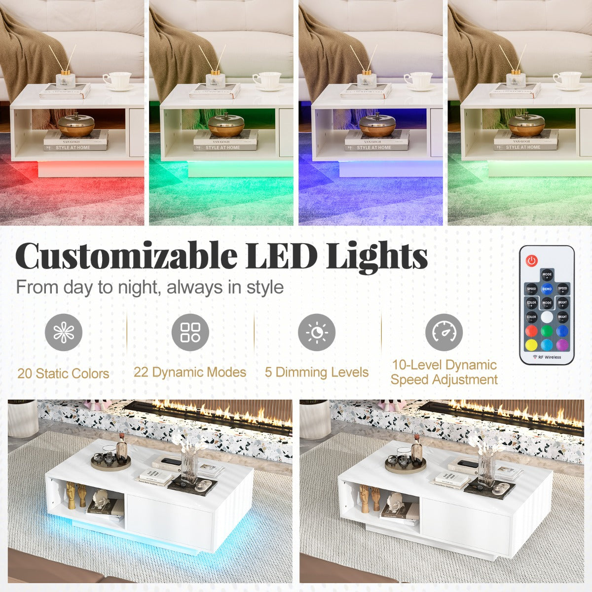 LIVSK LED-salontafel - Modern Design met 20 Kleuren en 5 Modi - Praktische Opbergruimte - 95 x 55 x 31 cm - Wit/Zwart