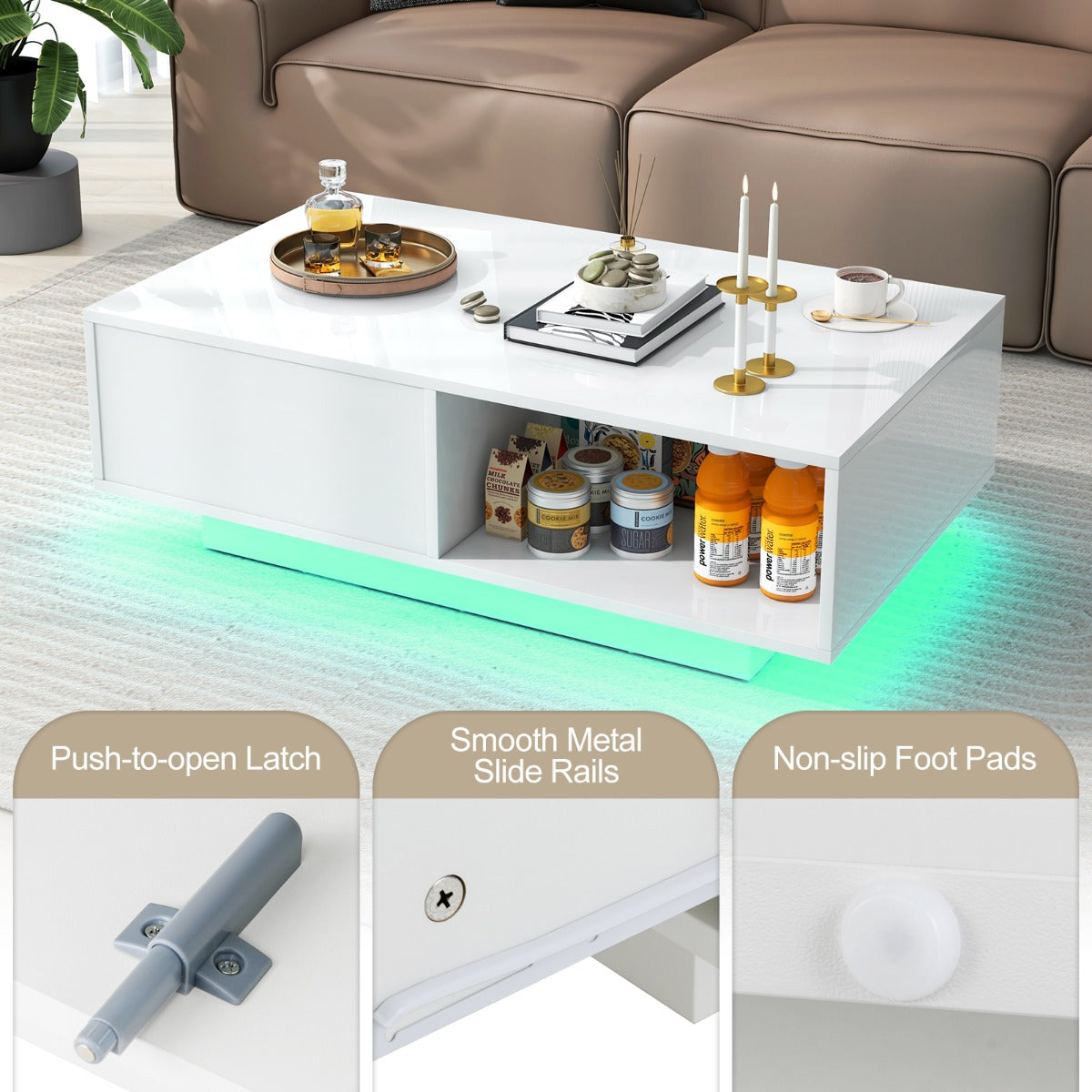LIVSK LED-salontafel - Modern Design met 20 Kleuren en 5 Modi - Praktische Opbergruimte - 95 x 55 x 31 cm - Wit/Zwart
