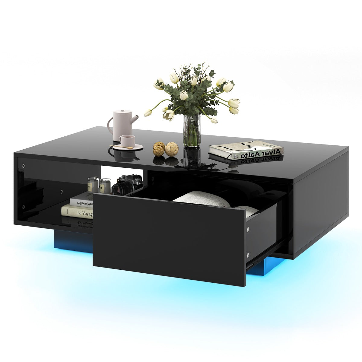 LIVSK LED-salontafel met Afstandsbediening - 20 Kleuren en 22 Modi - Opberglade - Hoogglans - 95 x 55 x 31 cm - Wit/Zwart
