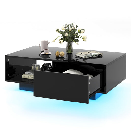 LIVSK LED-salontafel met Afstandsbediening - 20 Kleuren en 22 Modi - Opberglade - Hoogglans - 95 x 55 x 31 cm - Wit/Zwart