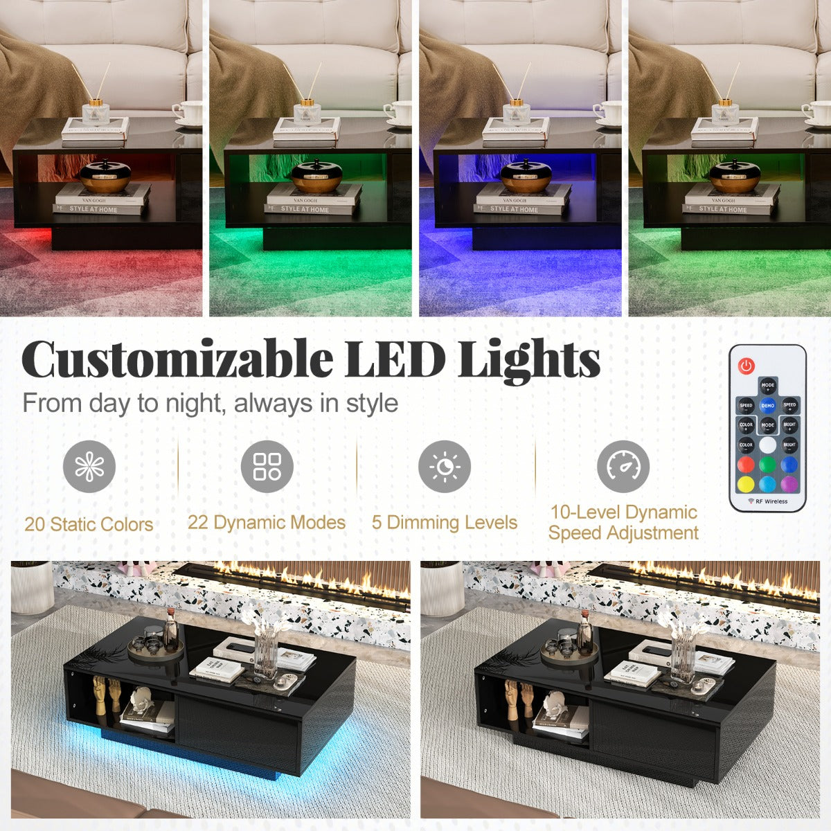 LIVSK LED-salontafel met Afstandsbediening - 20 Kleuren en 22 Modi - Opberglade - Hoogglans - 95 x 55 x 31 cm - Wit/Zwart