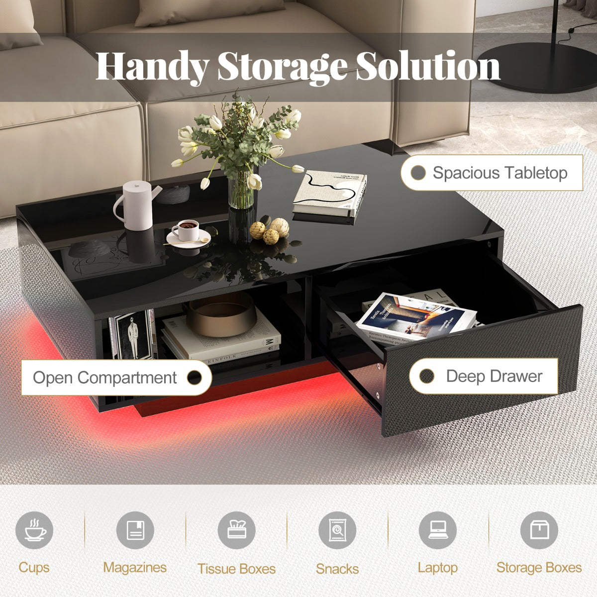 LIVSK LED-salontafel met Afstandsbediening - 20 Kleuren en 22 Modi - Opberglade - Hoogglans - 95 x 55 x 31 cm - Wit/Zwart