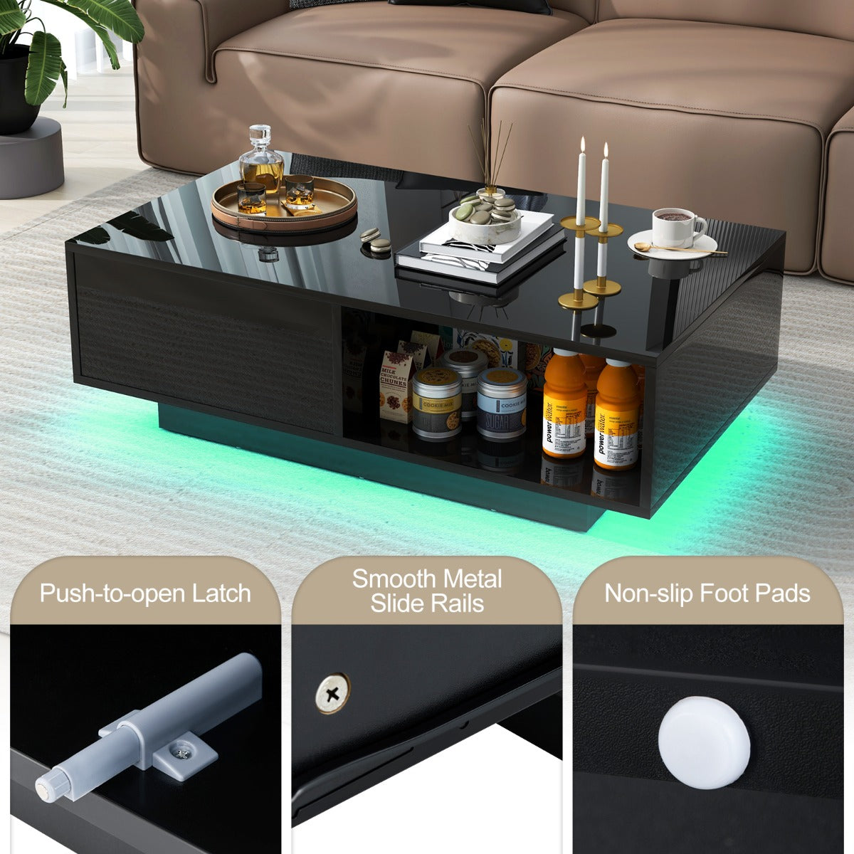 LIVSK LED-salontafel met Afstandsbediening - 20 Kleuren en 22 Modi - Opberglade - Hoogglans - 95 x 55 x 31 cm - Wit/Zwart