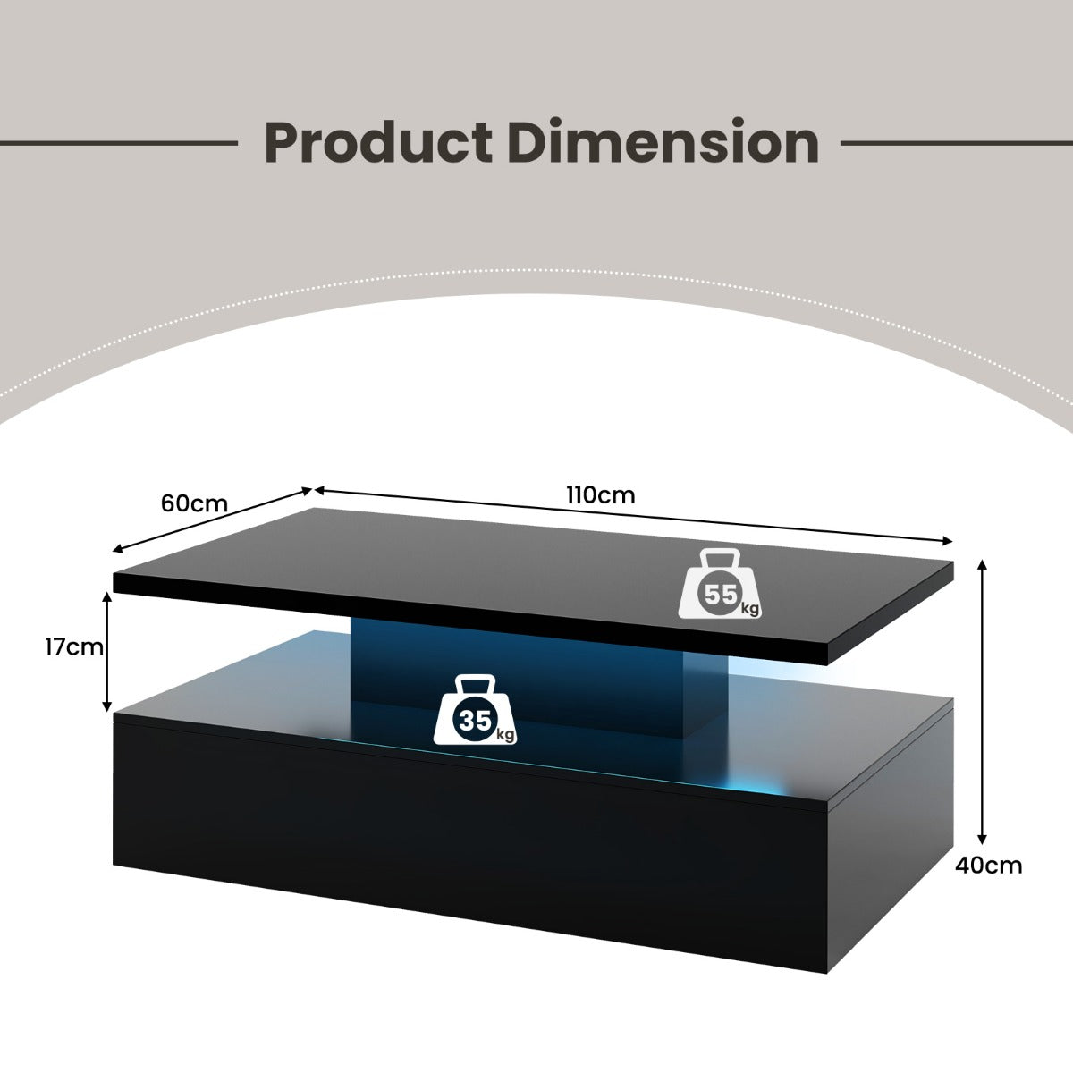 LIVSK LED-salontafel met Afstandsbediening - 20 Kleuren - 19 Modi - 2 Niveaus - Stijlvol Zwart - 110 x 60 x 40 cm