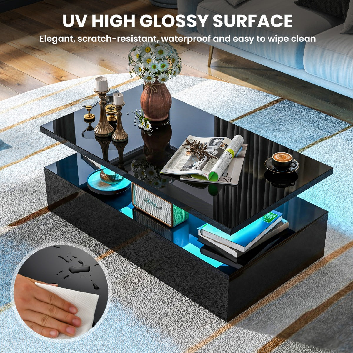 LIVSK LED-salontafel met Afstandsbediening - 20 Kleuren - 19 Modi - 2 Niveaus - Stijlvol Zwart - 110 x 60 x 40 cm