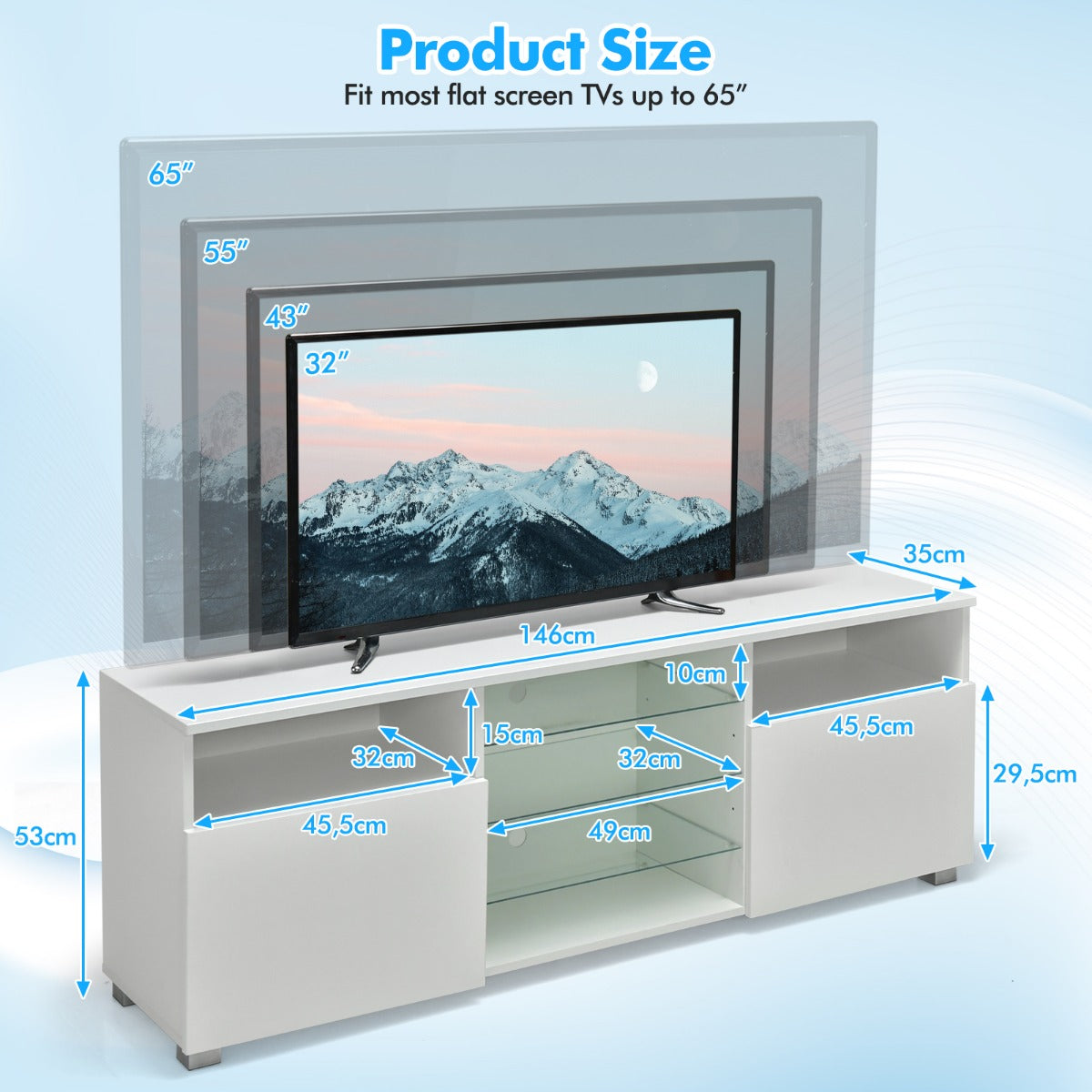 LIVSK LED-tv-tafel - Makkelijk kabelmanagement - 22 Modi en 20 Kleuren - 5 Glazen Planken - Geschikt voor 65 inch - Wit