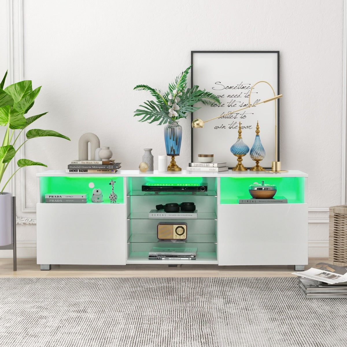 LIVSK LED-tv-tafel - Makkelijk kabelmanagement - 22 Modi en 20 Kleuren - 5 Glazen Planken - Geschikt voor 65 inch - Wit