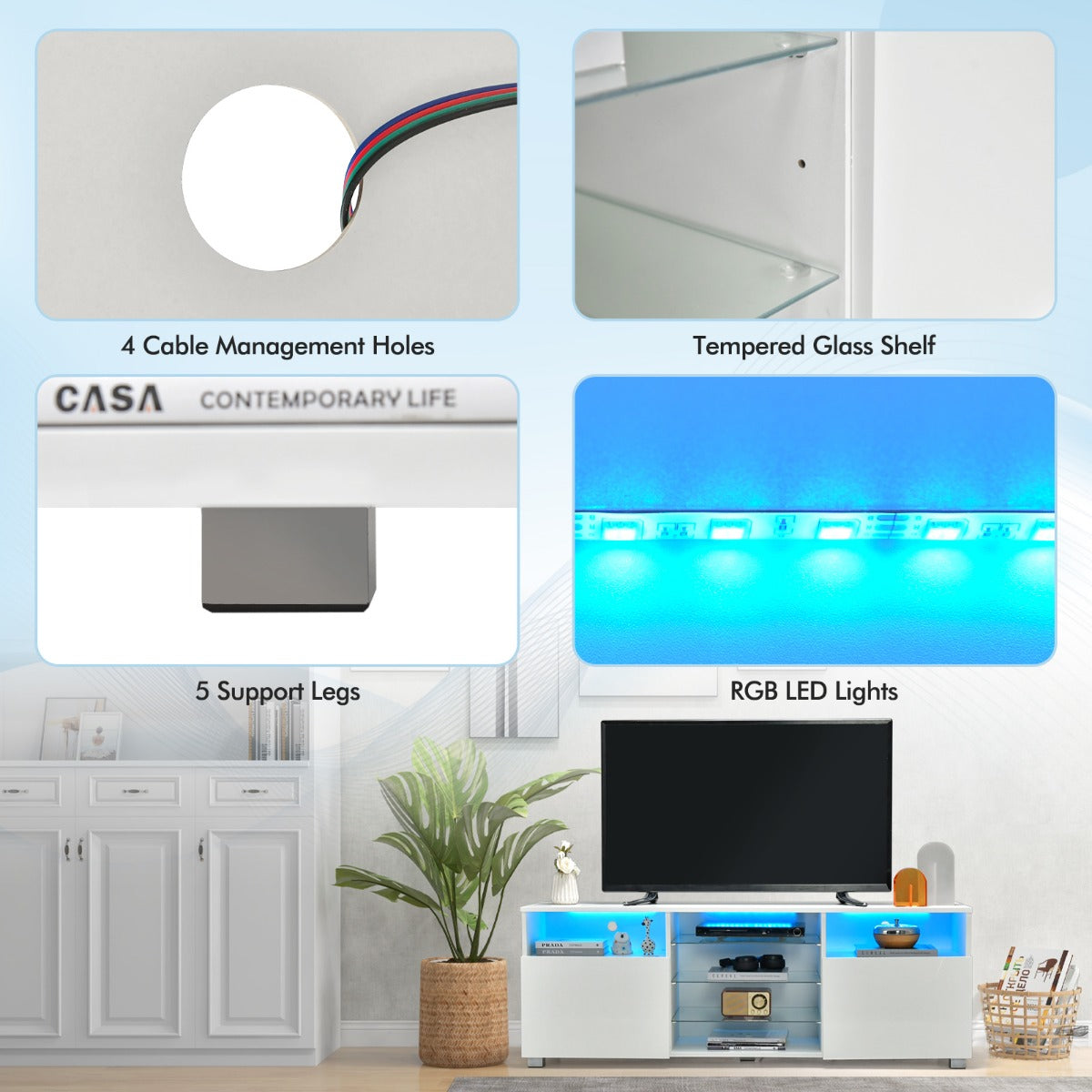 LIVSK LED-tv-tafel - Makkelijk kabelmanagement - 22 Modi en 20 Kleuren - 5 Glazen Planken - Geschikt voor 65 inch - Wit