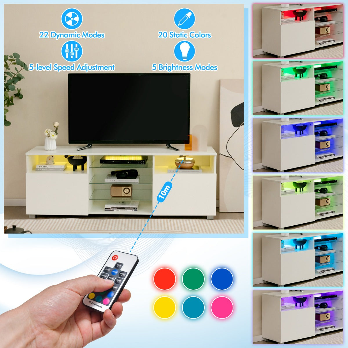 LIVSK LED-tv-tafel - Makkelijk kabelmanagement - 22 Modi en 20 Kleuren - 5 Glazen Planken - Geschikt voor 65 inch - Wit