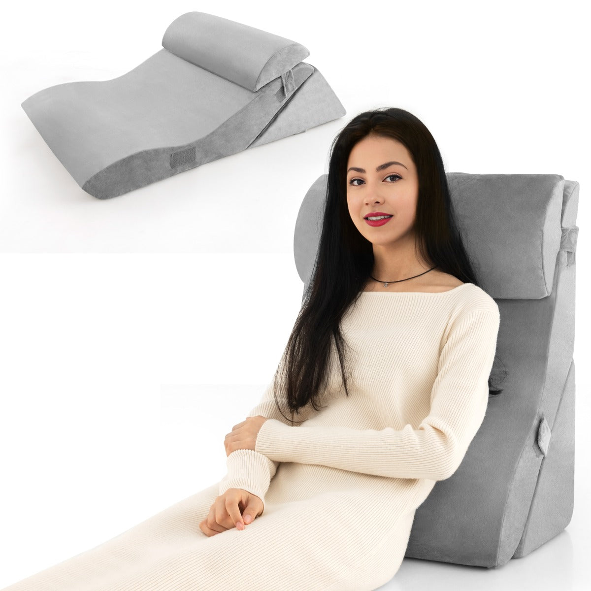 LIVSK Ergonomische Gecompenseerde Kussenset - Verlicht Snurken en Zure Reflux - Machinewasbare Hoes - 3 Stuks - Grijs