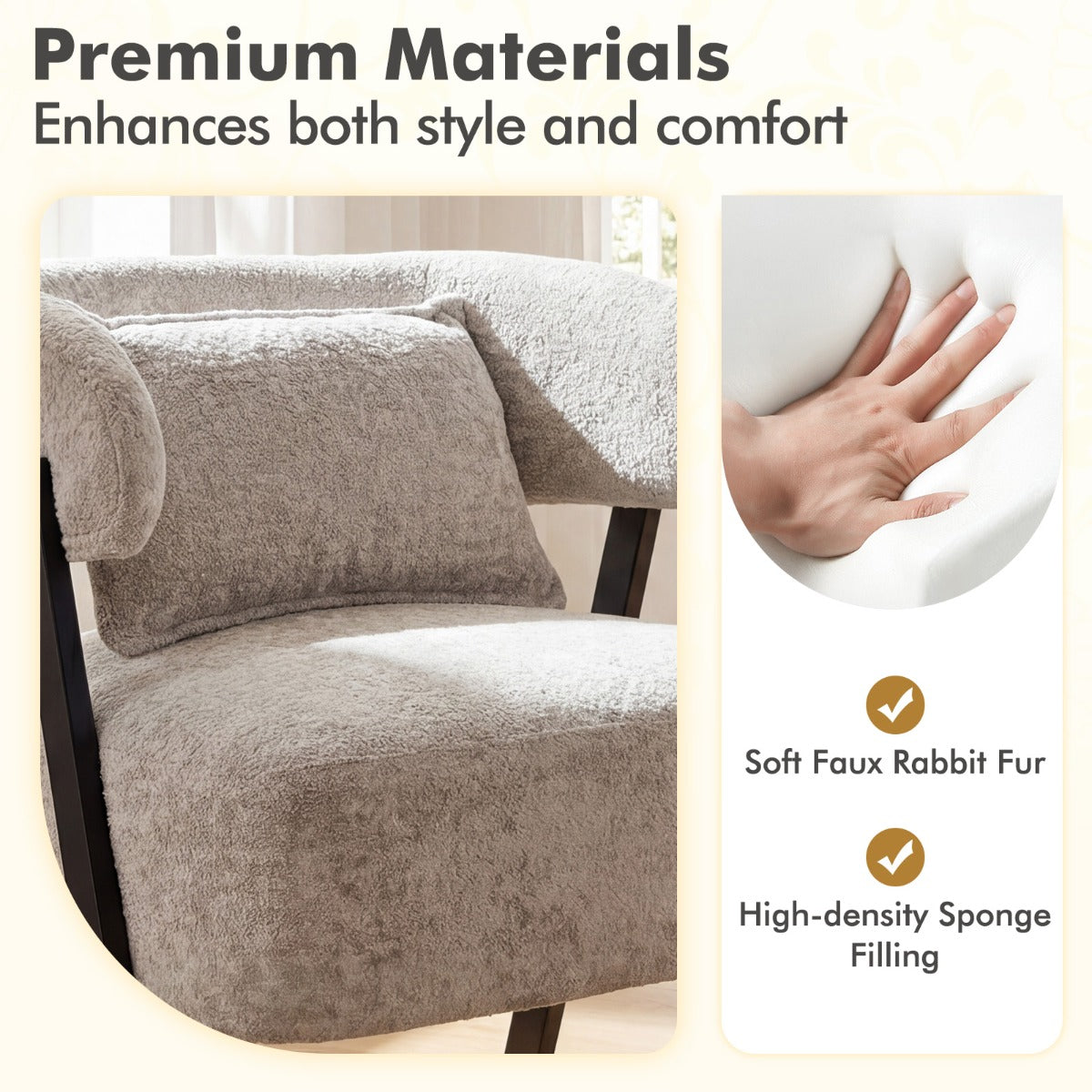 Livsk costway leesstoel fauteuil bekleed met kunstbont loungestoel met lendenkussen en metalen poten moderne relaxfauteuil grijs 2