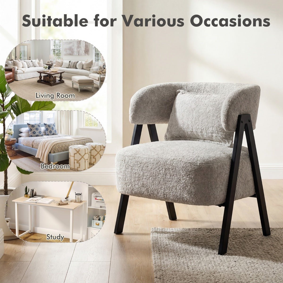 Livsk costway leesstoel fauteuil bekleed met kunstbont loungestoel met lendenkussen en metalen poten moderne relaxfauteuil grijs 5