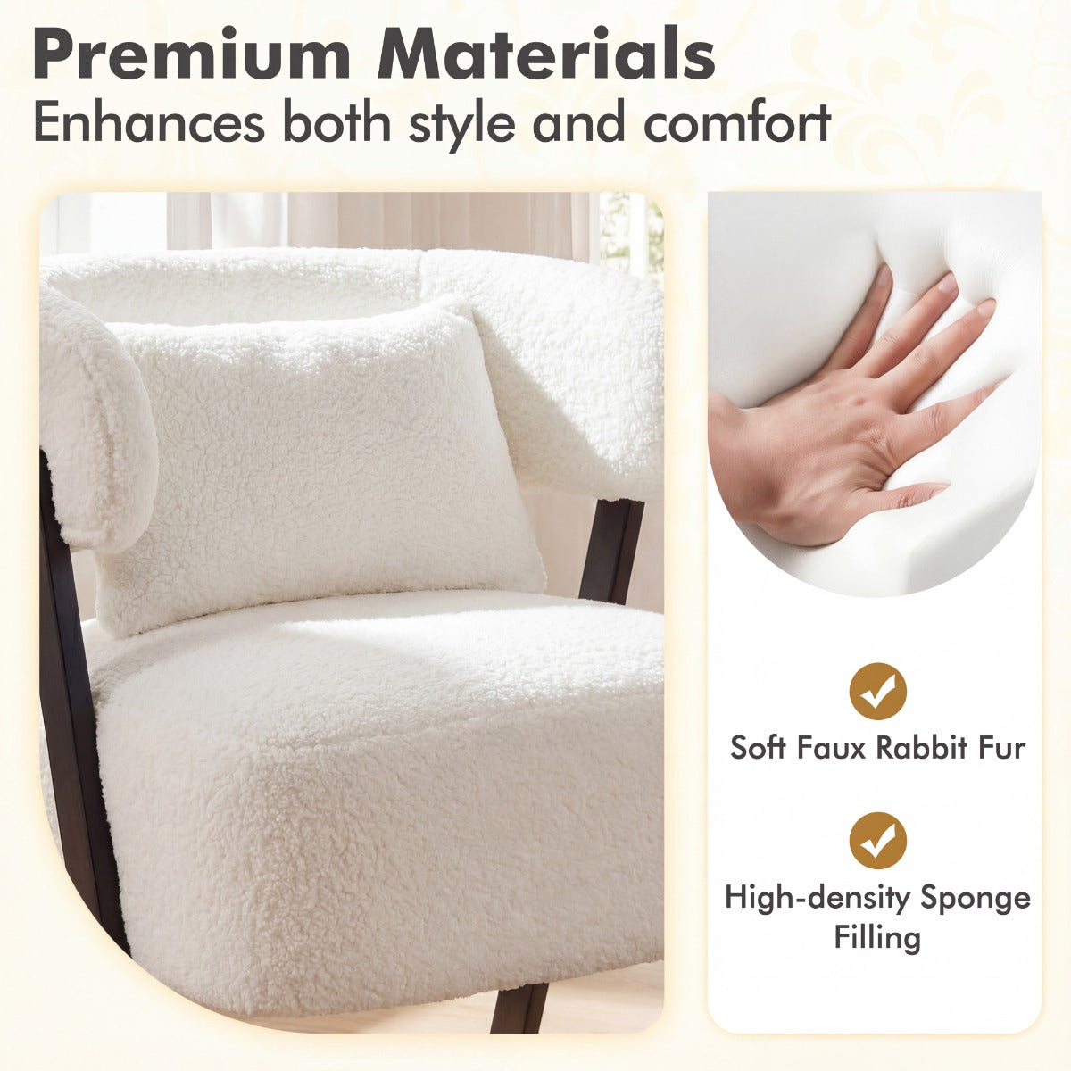 Livsk costway leesstoel fauteuil bekleed met kunstbont loungestoel met lendenkussen en metalen poten moderne relaxfauteuil wit 2