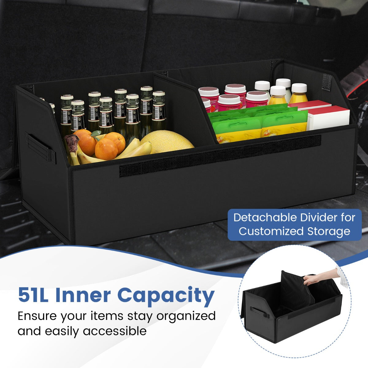 Livsk costway leren auto kofferbakorganizer met deksel opvouwbare en inklapbare opbergbox met verwijderbare scheidingswand en grote capaciteit 30 x 69 x 275cm 3