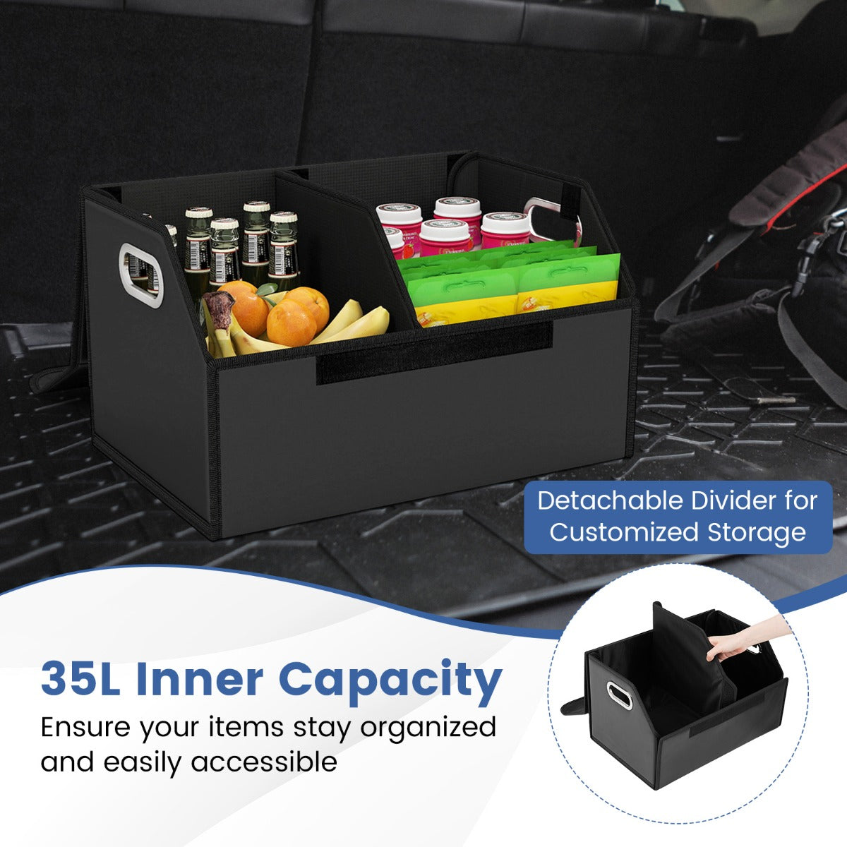 Livsk costway leren auto kofferbakorganizer met deksel opvouwbare en inklapbare opbergbox met verwijderbare scheidingswand en grote capaciteit 4