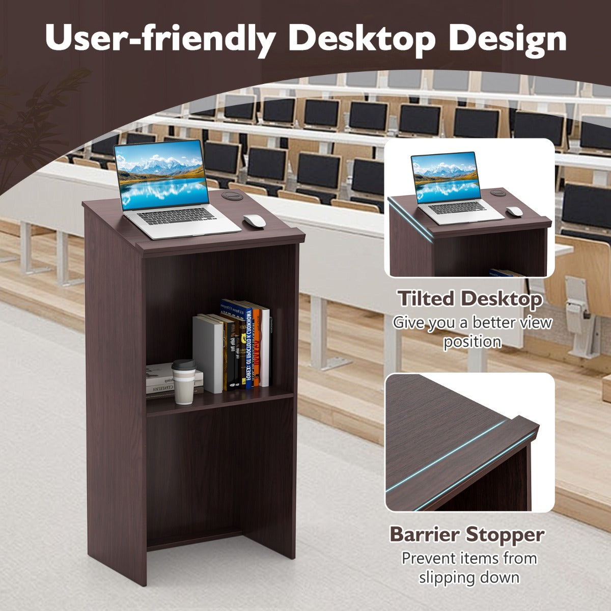 Livsk costway lessenaar lectern staande bureau van hout voor klaslokalen kantoor restaurant seminar bruin 6