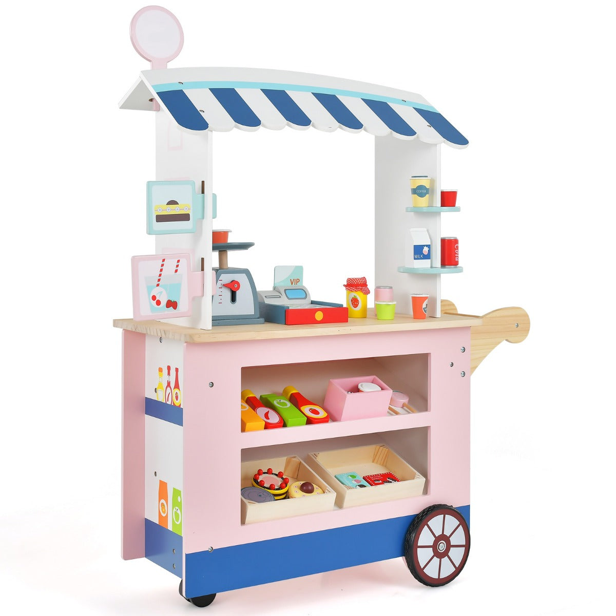 Livsk costway levensmiddelenwagen voor kinderen winkelwinkel hout met 2 planken duwgreep en accessoires verkoopwagen op 3 wielen 1 1