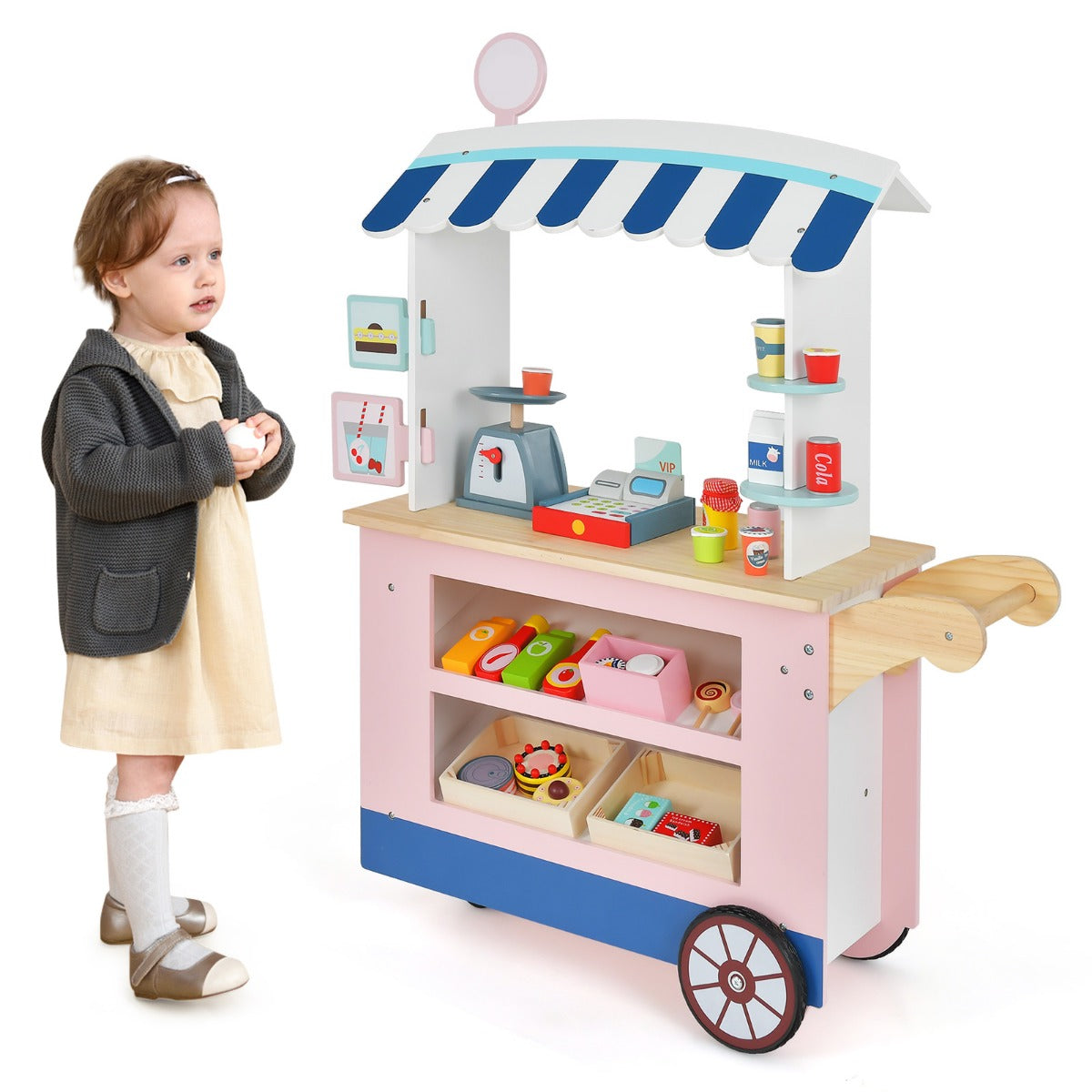 Livsk costway levensmiddelenwagen voor kinderen winkelwinkel hout met 2 planken duwgreep en accessoires verkoopwagen op 3 wielen