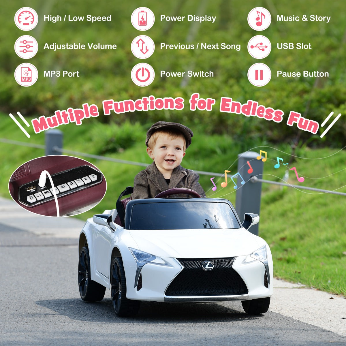 LIVSK Lexus LC500 Elektrische Auto voor Kinderen - Afstandsbediening - Ingebouwde Muziek - Vering - Tot 30 kg - Wit