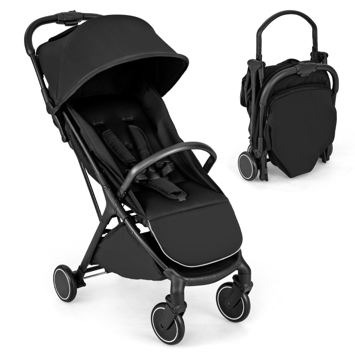 LIVSK Lichtgewicht Kinderwagen - Zwaartekracht In- en Uitvouwen met 5-puntsgordel - Verstelbare Rugleuning - Tot 15 kg - Zwart