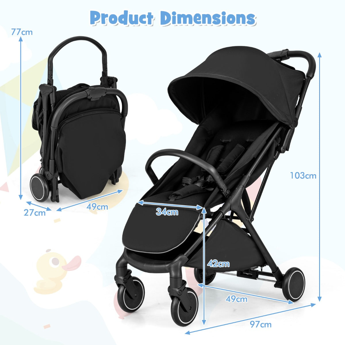 LIVSK Lichtgewicht Kinderwagen - Zwaartekracht In- en Uitvouwen met 5-puntsgordel - Verstelbare Rugleuning - Tot 15 kg - Zwart