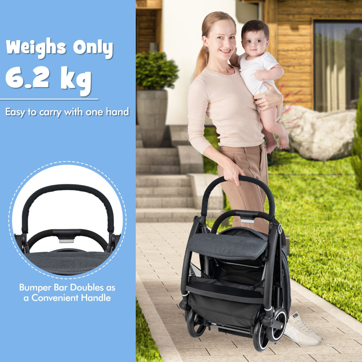 LIVSK Lichtgewicht Opvouwbare Kinderwagen - Verstelbare Rugleuning, Zonnekap, 5-Puntsgordel - Tot 15 kg - Zwart/Grijs