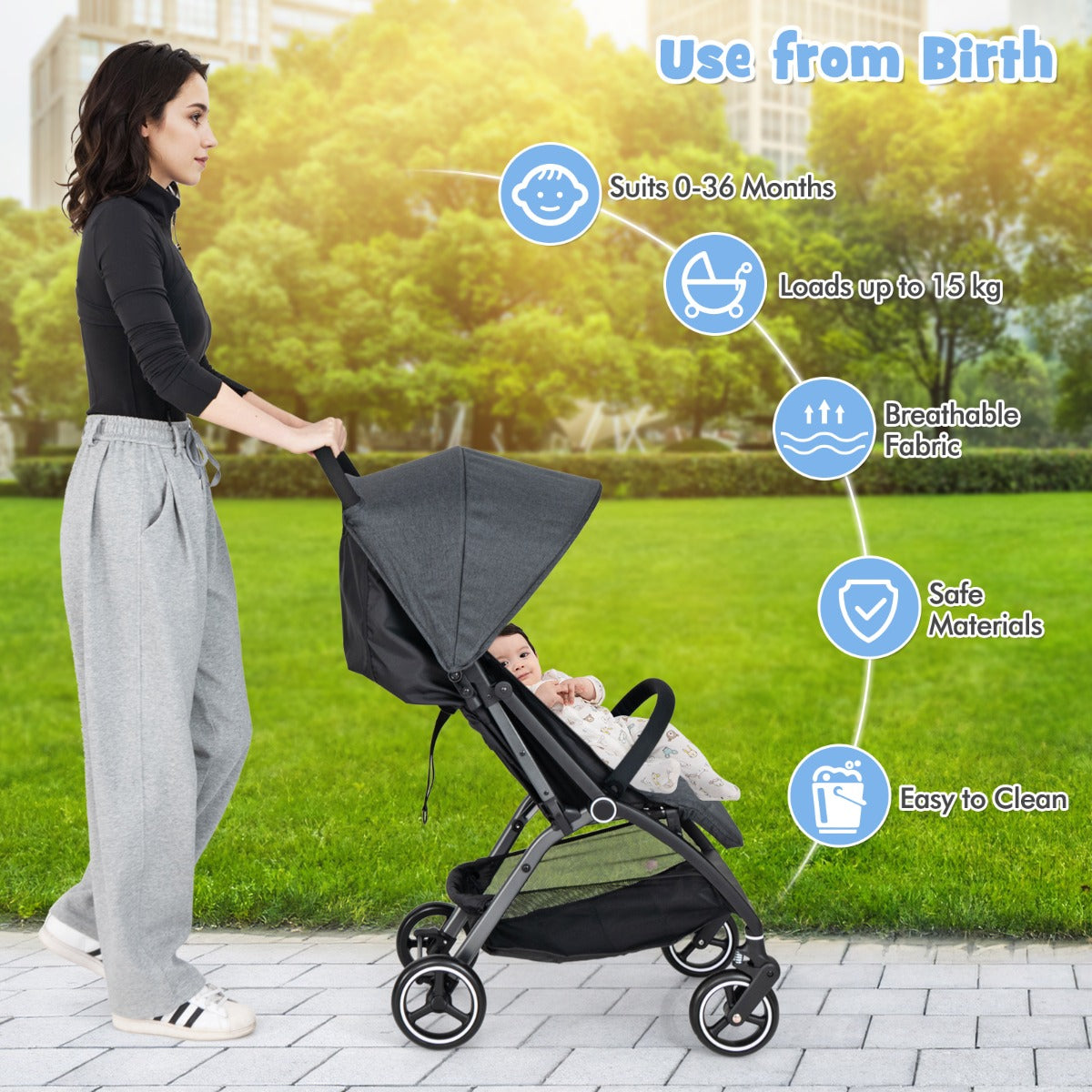 LIVSK Lichtgewicht Opvouwbare Kinderwagen - Verstelbare Rugleuning, Zonnekap, 5-Puntsgordel - Tot 15 kg - Zwart/Grijs